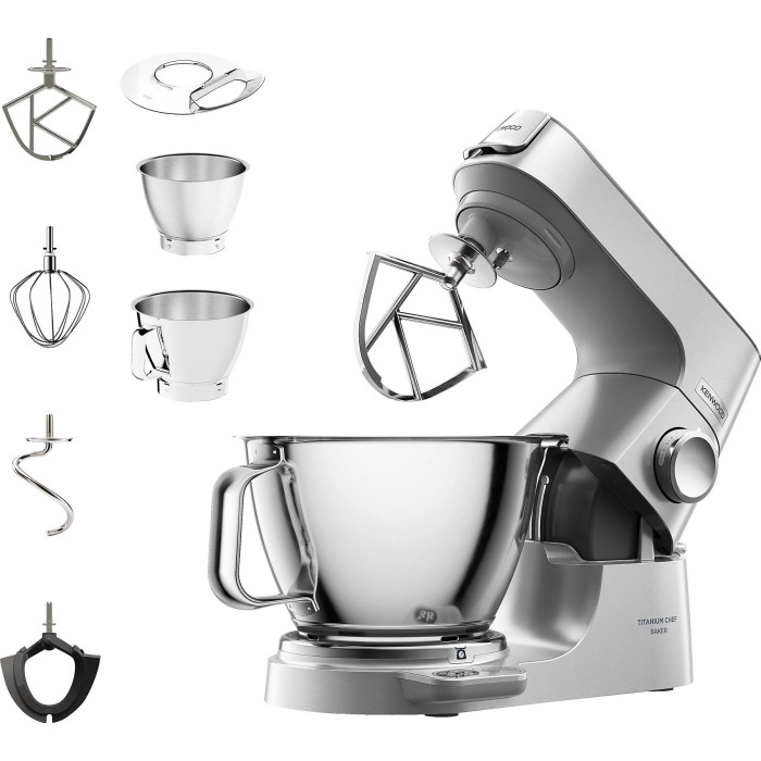 Кухонна машина Kenwood Titanium Chef Baker, 1200Вт, чаша-метал, корпус-метал, насадок-3, вбудовані ваги, дисплей, срібний