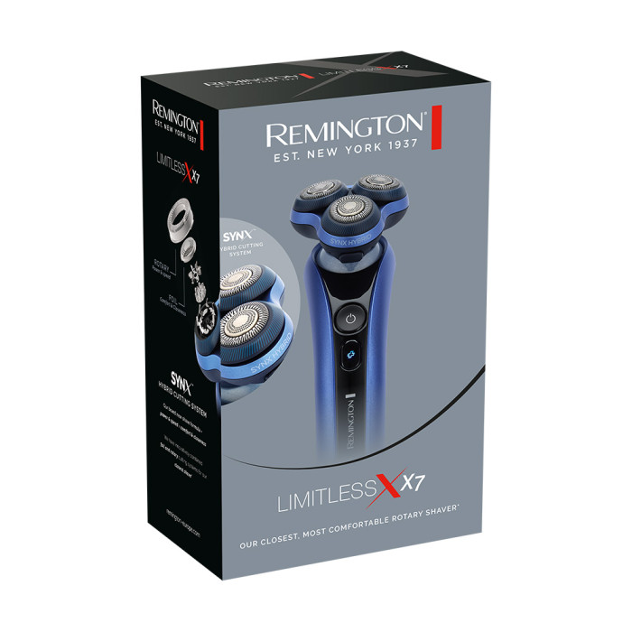 Бритва електр. Remington роторна X7 Limitless X,  бритв.головок-3, від мережі, сух.+волог., тример, водонепрон., швид. зарядка, чорно-синій