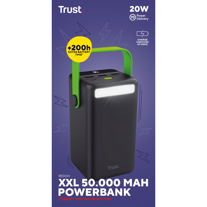 Акумулятор портативний літій-іонний power bank Trust Redoh XXL, 50000мА·год, 3хUSB-A/USB-C, 20W, чорний