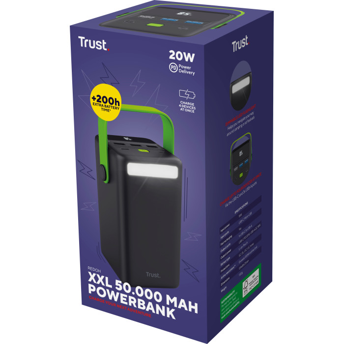 Акумулятор портативний літій-іонний power bank Trust Redoh XXL, 50000мА·год, 3хUSB-A/USB-C, 20W, чорний