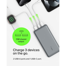 Акумулятор портативний літій-іонний Power Bank Belkin 20000мА·год, 15Вт, 2хUSB-A/USB-C, cірий