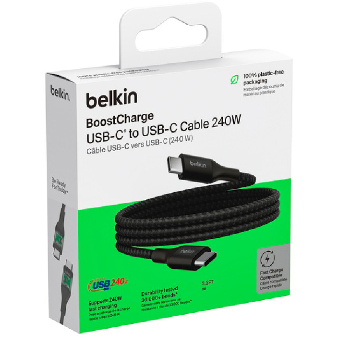 Кабель USB-C > USB-C заряджання/синхронізації Belkin 1м, 240Вт, Type-C, плетений, чорний