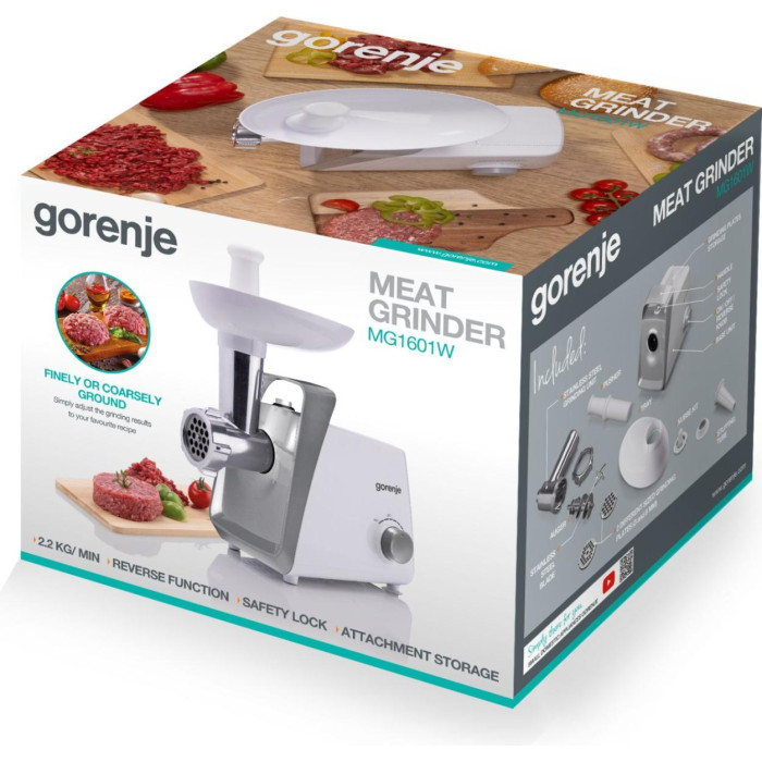 М'ясорубка Gorenje, 1600Вт, 2,2кг/хв, 2 решітки, пластик, білий