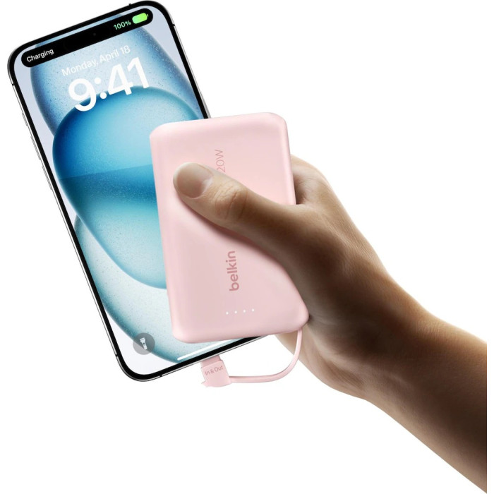 Акумулятор портативний літій-іонний Power Bank Belkin 10000мА·год, 20Вт, з інтегрованим кабелем USB-C, рожевий