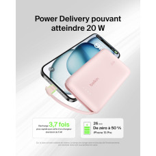 Акумулятор портативний літій-іонний Power Bank Belkin 10000мА·год, 20Вт, з інтегрованим кабелем USB-C, рожевий