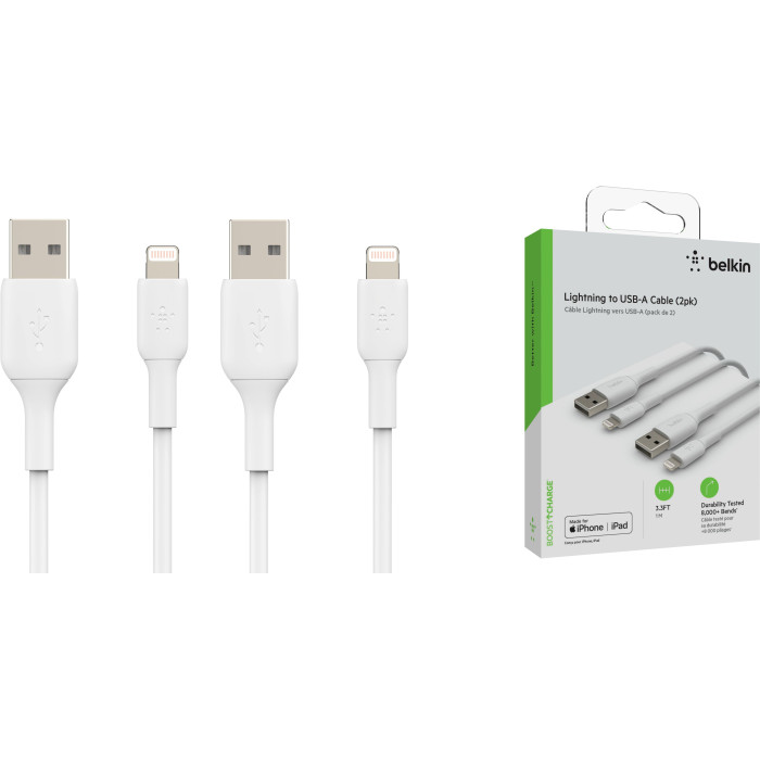 Кабель USB-A > Lightning заряджання/синхронізації Belkin 1м, 12Вт, PVC, (2 Pack), білий
