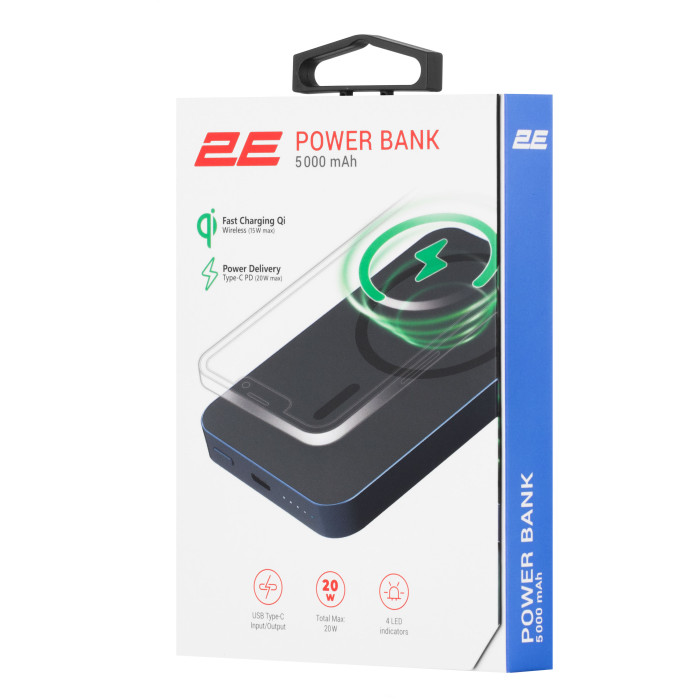 Акумулятор портативний літій-іонний Power Bank 2E Wireless QI 5000мА·год, 20Вт, PD, синій