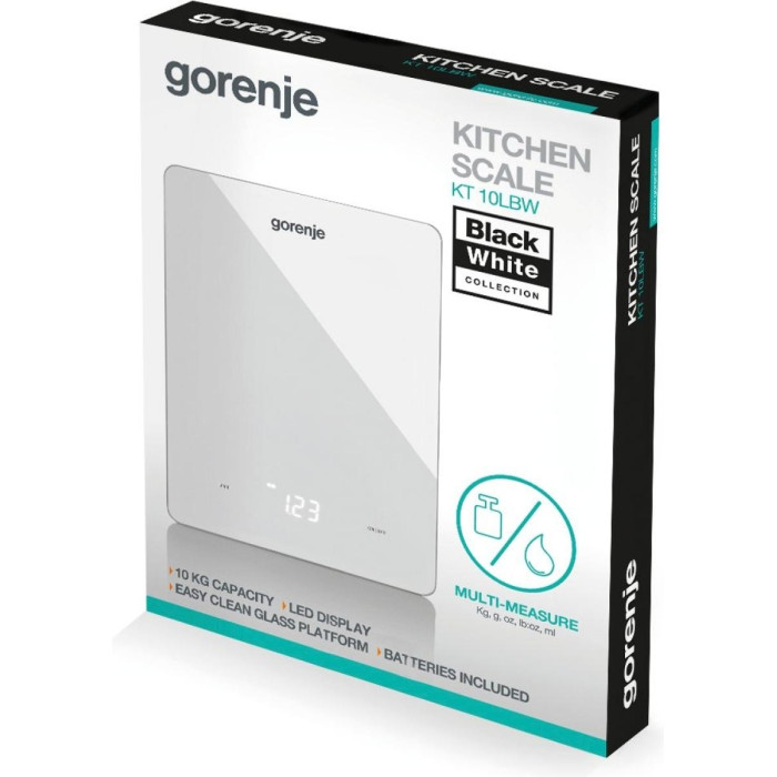 Ваги Gorenje кухонні, 10кг, AAAx3 в комплекті, дисплей, скло, білий