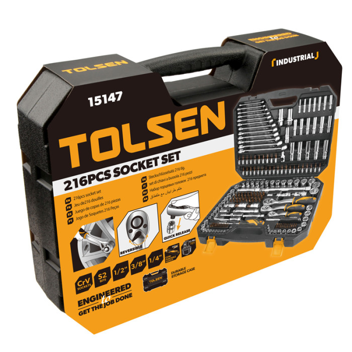 Набір інструментів Tolsen, 216шт, 1/2", 1/4", 3/8", комбіновані ключі, торцевы головки, біти,CrV, кейс