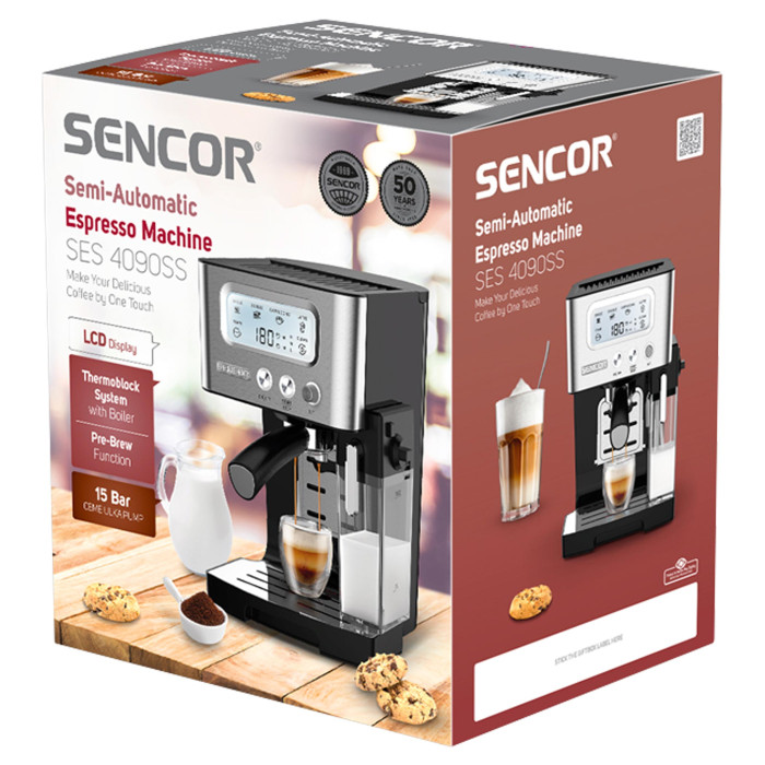Кавоварка Sencor ріжкова 1.4л, мелена, автоматичний капучинатор, LCD-дисплей, нерж. сталь-чорний