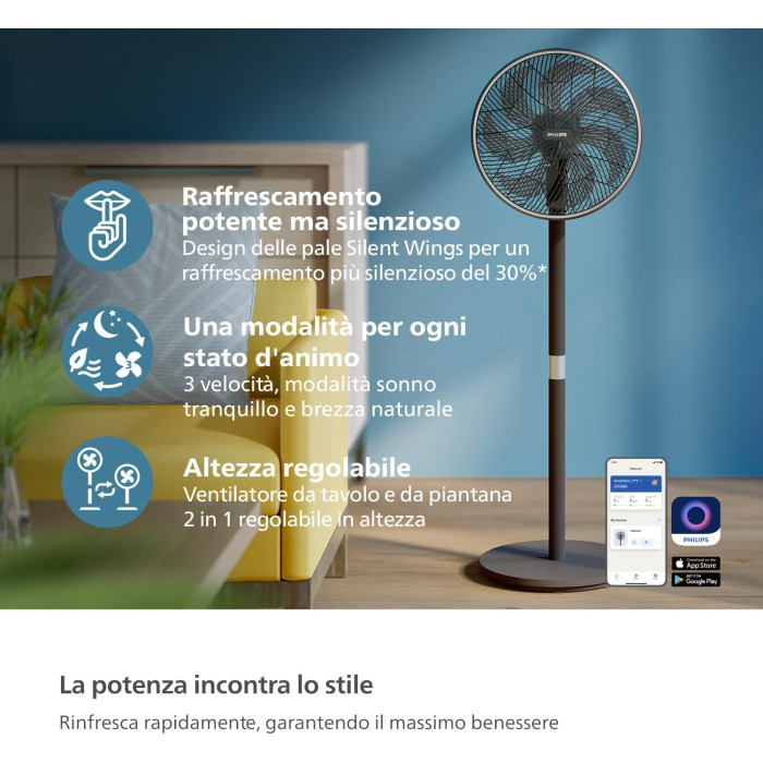Вентилятор Philips підлоговий Series 3000, 40см, 48Вт, керування через смартфон, регулювання висоти, чорний