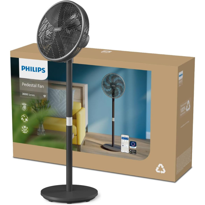 Вентилятор Philips підлоговий Series 3000, 40см, 48Вт, керування через смартфон, регулювання висоти, чорний