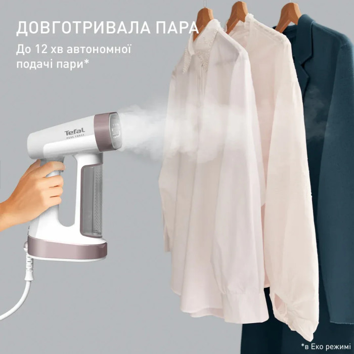 Відпарювач Tefal компактний Pure Force 2в1, 1800Вт, 180мл, постійна пара - 35гр, керам. підошва, білий
