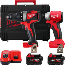 Набір із двох акумуляторних інструментів Milwaukee M18 BLPP2A3-502X 18В шурупокрут-дриль M18 BLPD2 гвинтоверт ударний M18 BLIDR акб М18 2х5А·год ЗП M12-18FC кейс