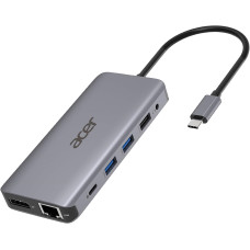 Хаб Acer USB-С > 2xUSB-A3.2/2xUSB-A2.0/SD/TF/2xHDMI/1xDP/1xRJ45/mini-jack, 0.15м, сірий