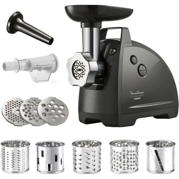 М'ясорубка Tefal HVB Plus, 2000Вт, 2.6кг/хв, 3 решітки, насадка для ковбас, кеббе, томатів, 5 терок, пластик/метал, чорний