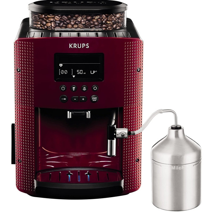 Кавомашина Krups Essential 1.7л, зерно, автомат.капучинатор, ОLED диспл, метал контейнер для молока, бордово - чорний