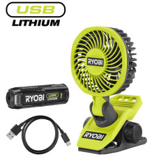Вентилятор акумуляторний кліпса Ryobi USB Lithium RCF4-120G 4В акб 1х2А·год 3800об·хв обертання 325° поворот 180° 2 швидкості 0.29кг