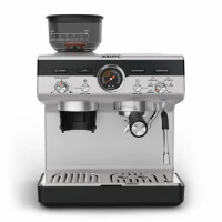 Кавоварка Krups ріжкова Precision+, 3.5л, вдубована кавомолка, ручний капучинатор, 15 бар, чорний-сірий