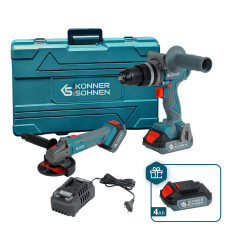 Набір із двох акумуляторних інструментів Konner&Sohnen KS IDAGB 20V SET 1 PLUS 20В шурупокрут-дриль ударний, шліфмашина кутова KS AGB20V-125VR, ЗП 2.4А акб 1х2А·год+1х4А·год кейс 8.1кг