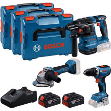 Набір із трьох акумуляторних інструментів Bosch Professional 18В дриль-шурупокрут GSR 18V-65, перфоратор GBH 18V-22, Шліфмашина кутова GWS 18V-8, акб 2x5А·год, ЗП 3 кейси L-BOXX 136